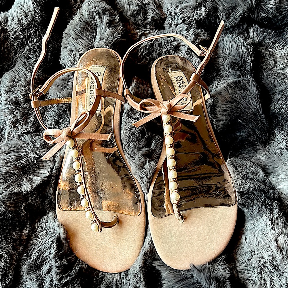 Badgley Mischka ballet pink sandals with pearls and rhinestones. Good condition